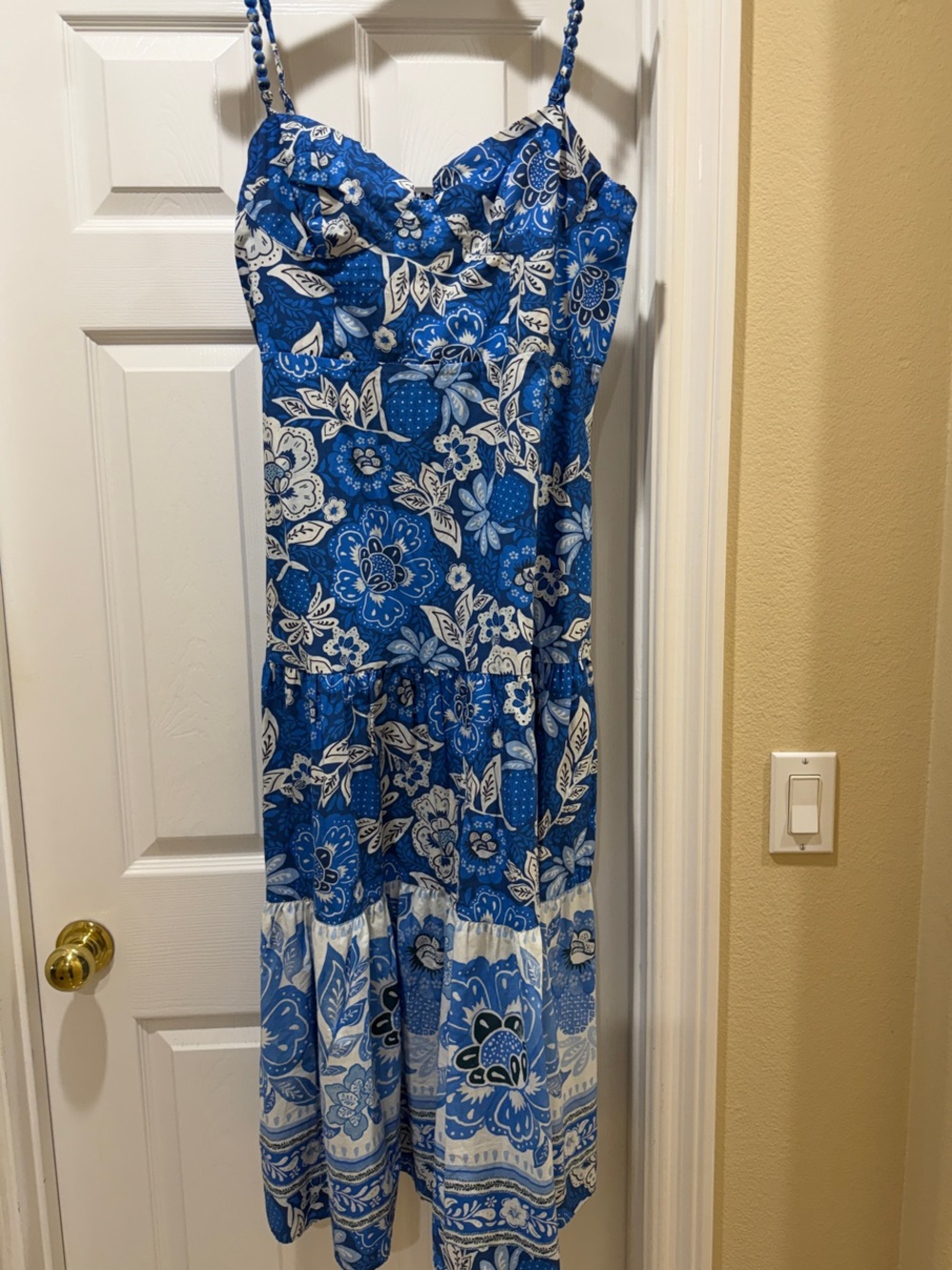 FARM Rio Blue and White Floral Tiered Maxi Dress